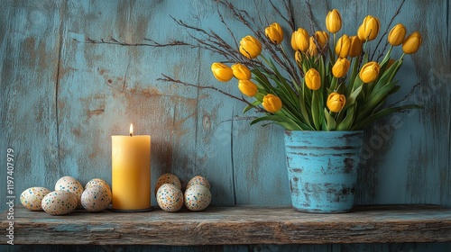 Candles and blooming flowers create a cozy atmosphere in a springtime setting...
