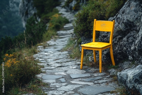 Bright yellow chair on stone pathway surrounded by autumn foliage in a tranqu...
