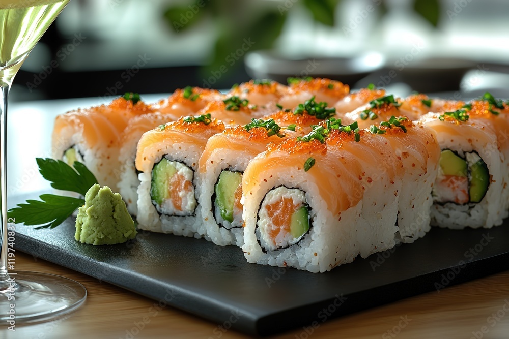 Delicious salmon sushi rolls, expertly prepared and beautifully presented on a dark slate plate. A perfect culinary image. Delicious salmon sushi rolls, expertly prepared and beautifully presented on a dark slate plate. A perfect culinary image.