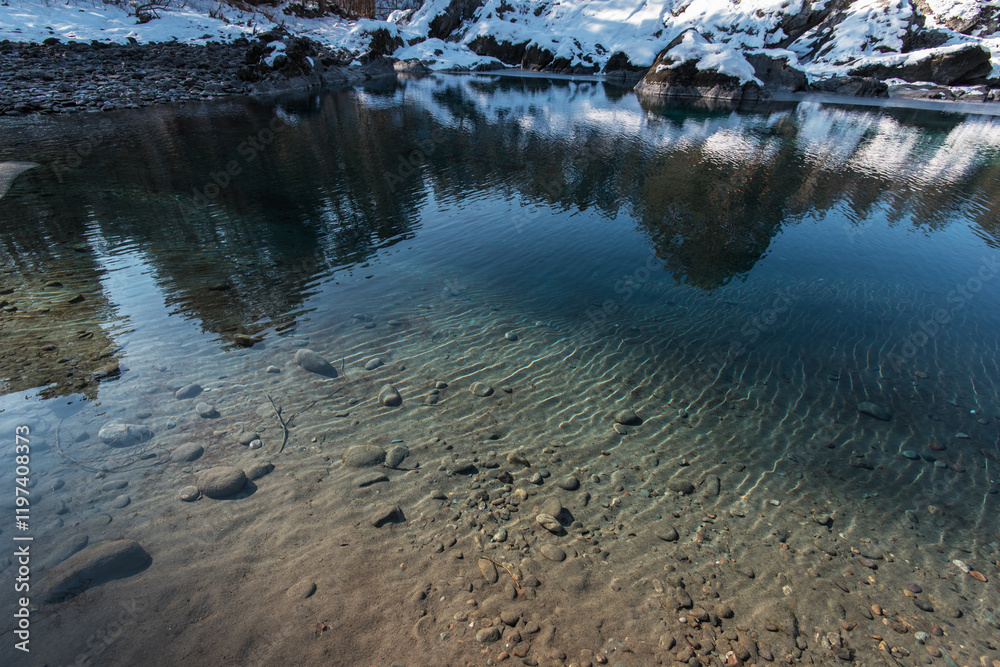Unfrozen lake with snowy mountains reflecting on its icy surface, Altai Mountains Unfrozen lake with snowy mountains reflecting on its icy surface, Altai Mountains