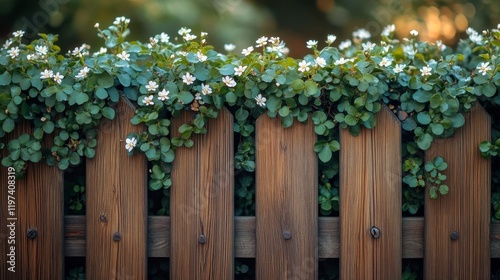 Wooden fence adorned with vibrant greenery and small white flowers in natural...