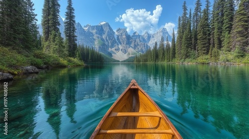 Majestic canoe trip on a tranquil lake surrounded by mountains and pine trees