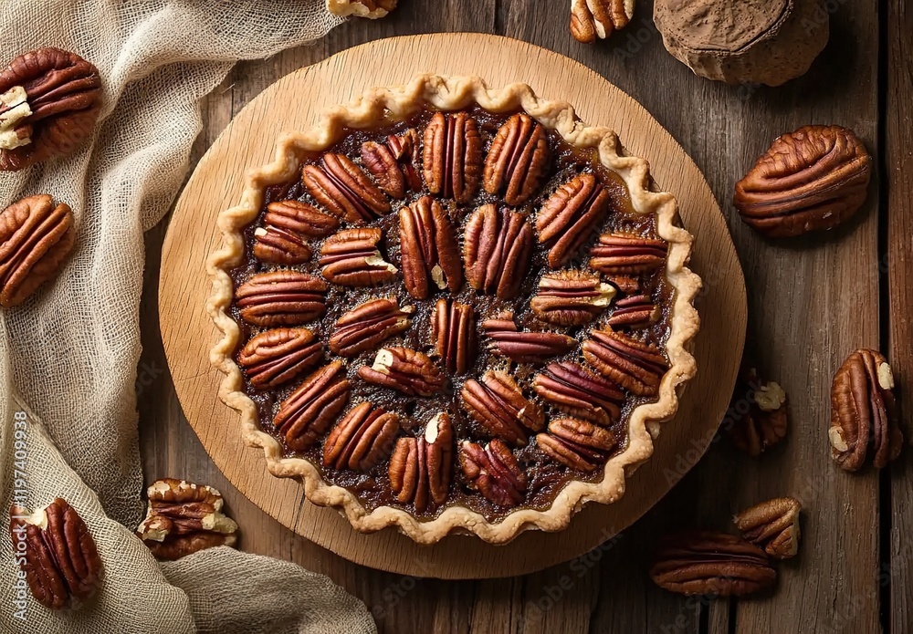 A classic pecan pie with an aerial view, showcasing the intricate pattern of repeating pecans on top against warm wood tones and a soft fabric backdrop A classic pecan pie with an aerial view, showcasing the intricate pattern of repeating pecans on top against warm wood tones and a soft fabric backdrop