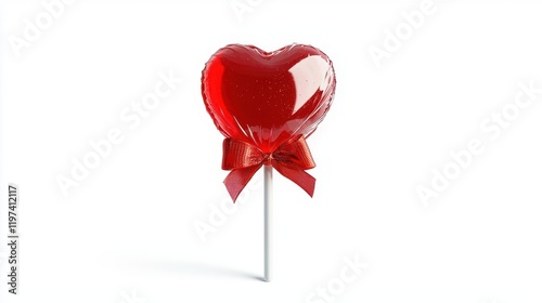 Shiny Red Heart Lollipop with Ribbon in a Glossy Wrapper on a White Background