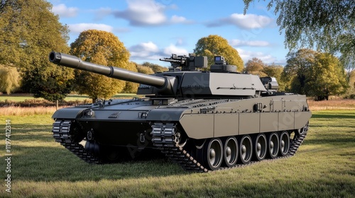 Challenger main battle tank advances along a winding road amid lush fields and vibrant autumn trees under clear skies