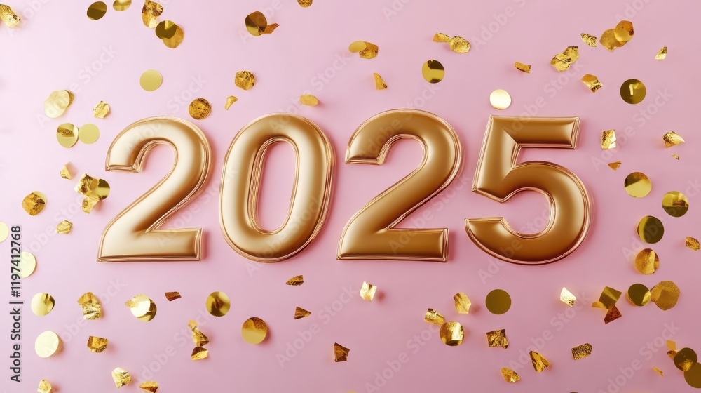 Golden 2025 Numbers on a Pink Background with Confetti Golden 2025 Numbers on a Pink Background with Confetti