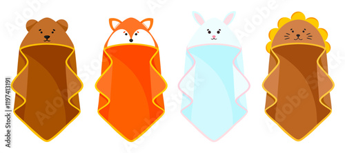 Baby animal hooded towels set of vector illustrations. Kids bath, towel with corner for babies