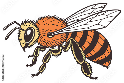 Hyper-realistic honey bee, macro photography, intricate wing details, fuzzy body texture, vibrant orange and black stripes, compound eyes, antennae, transparent wings, fine hair, sharp focus, white ba