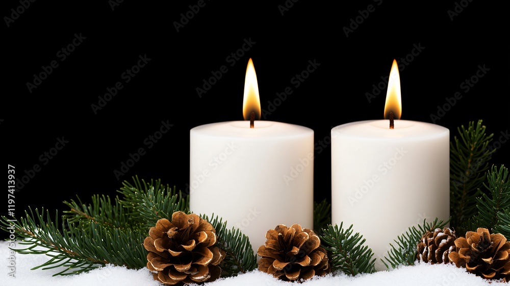 Two lit white candles with pine cones and evergreen branches on snow against a black background. Two lit white candles with pine cones and evergreen branches on snow against a black background.