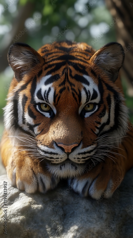 Majestic Tiger Resting on Rock Serene Forest Setting Majestic Tiger Resting on Rock Serene Forest Setting