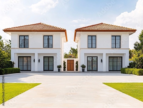 Modern Twin Villas with Terracotta Roofs and Landscaped Gardens.