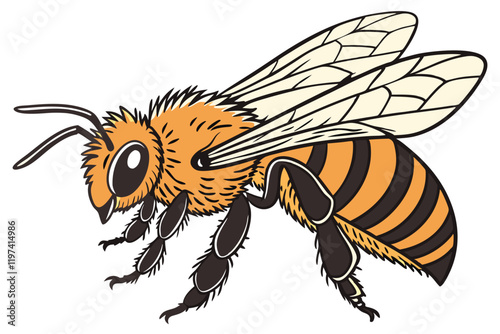 Hyper-realistic honey bee, macro photography, intricate wing details, fuzzy body texture, vibrant orange and black stripes, compound eyes, antennae, transparent wings, fine hair, sharp focus, white ba