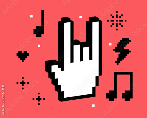 3D rock hand icon with music notes. Pixel art sticker for concert, festival. Y2k cool design element. Geometric modern shape for collage, poster. Vector illustration. Retro 90s style. Groovy pattern