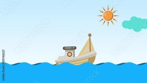 Ship Sailing on the Ocean with Day to Night Transition Looping Animation