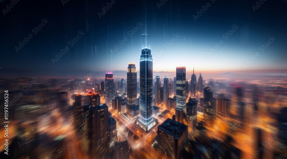 Fototapeta premium Modern building street view, tech AI elements, realistic style, vibrant city lights, modern architecture, neon signs, modern business district urban setting, skyscrapers, reflective glass.