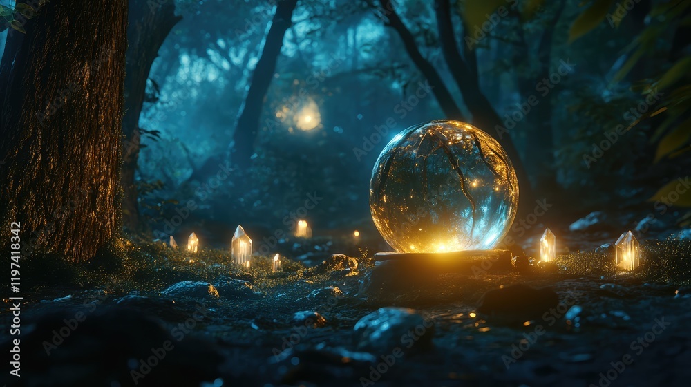 Fototapeta premium Crystal ball illuminated in a mystical forest setting, surrounded by glowing crystals and soft blue lighting, with empty space for text.