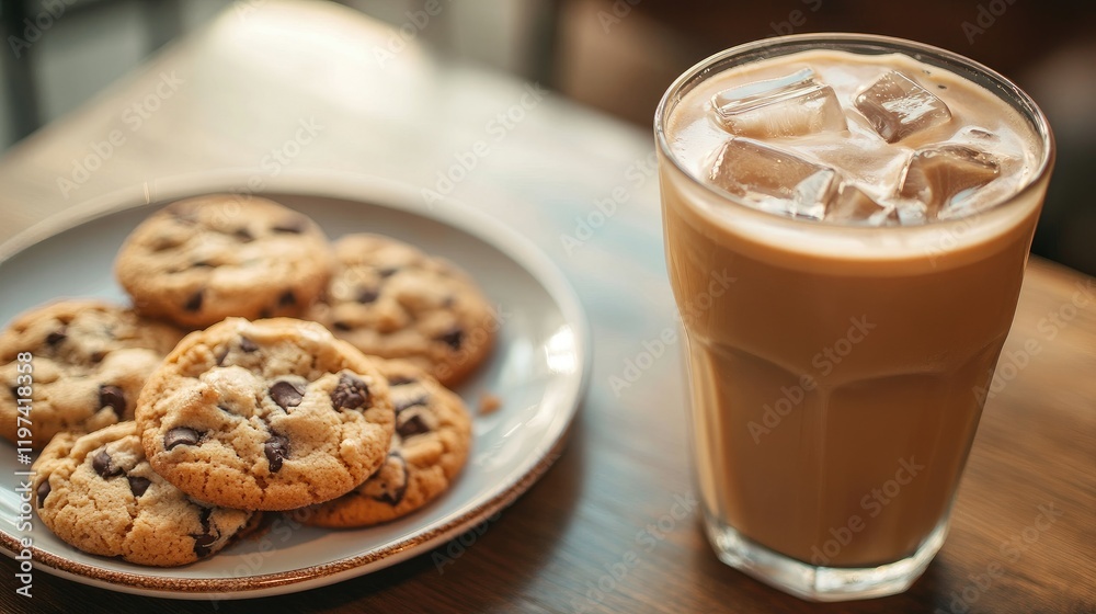 A close-up of an iced coffee next to a plate of warm cookies on a hot summer day