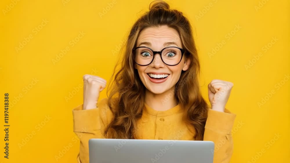surprised young woman with laptop on yellow background