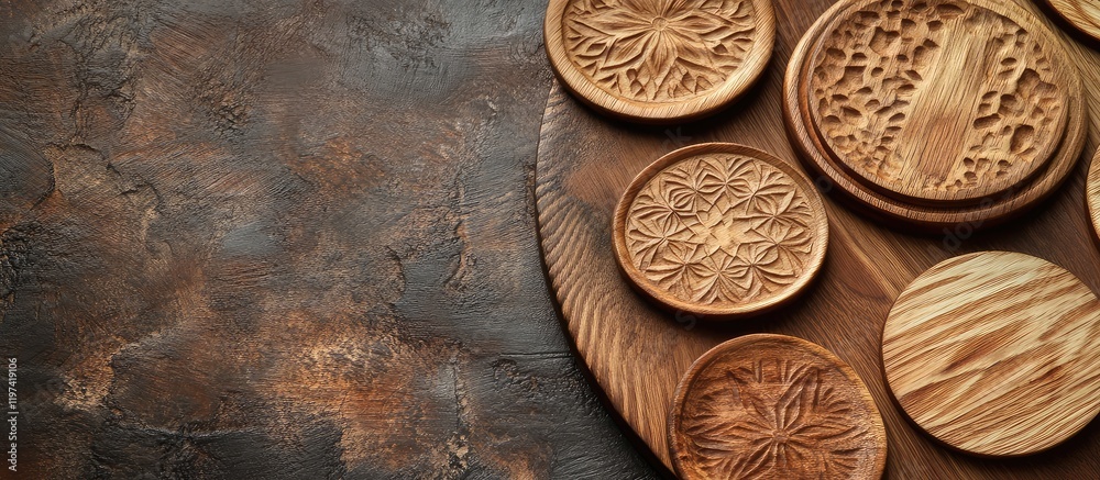 Carved Pine Wood Circles with Detailed Patterns on Rustic Wooden Background for Handmade Crafts and Furniture Design Carved Pine Wood Circles with Detailed Patterns on Rustic Wooden Background for Handmade Crafts and Furniture Design