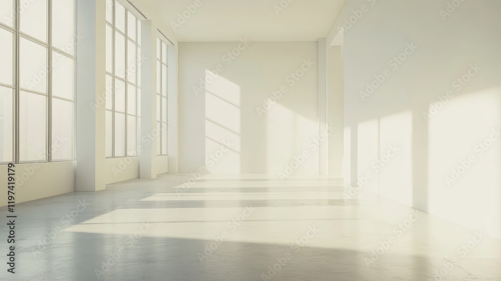 Fototapeta premium Spacious Minimalist Office Interior with Bright Natural Light and Pristine White Walls Creating an Uncluttered Workspace Ideal for Design and Creativity