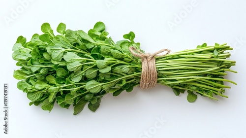 Isolated on white background a bundle of lettuce tied with a natural twine accentuating its farm-fresh appeal Stock Photo with side copy space photo