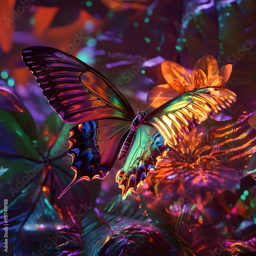 Iridescent Butterfly on a Vibrant Flower in Jungle photo