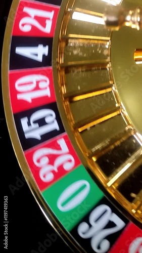 Roulette wheel spinning in casino, number 7 wins, winning and jackpot concept