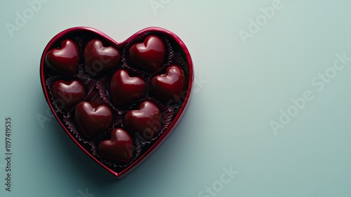 A close-up top view of a red heart-shaped box filled with luxurious pralines, set against a clean background for Valentine's Day promotions.