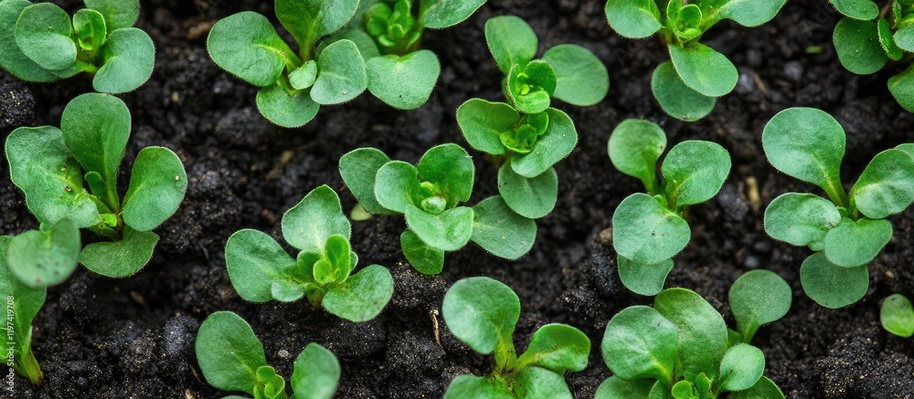 Fertile soil with young seedlings in green environment, closeup with text space Fertile soil with young seedlings in green environment, closeup with text space