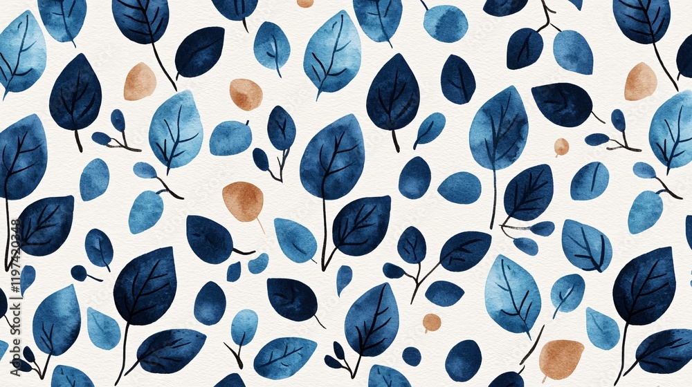 Fototapeta premium Watercolor seamless pattern with blue and brown leaves on white background.