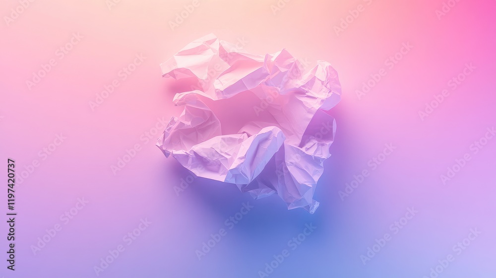 Crumpled white paper texture centered on a warm purple gradient background, ideal for minimalistic design and empty copyspace for text placement. Crumpled white paper texture centered on a warm purple gradient background, ideal for minimalistic design and empty copyspace for text placement.