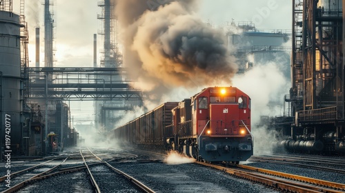 A freight train moving through an industrial zone, with steam and machinery creating a dynamic scene.