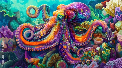 Wallpaper Mural Neon Octopus Surrounded by Colorful Coral Reef Torontodigital.ca
