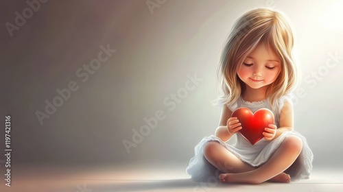 Cute little girl sitting on the floor and holding a heart. Vector illustration.
