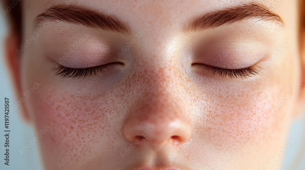 Fototapeta premium Serene close-up of youthful skin with closed eyes, showcasing soft freckles and natural beauty, illuminated by gentle studio lighting for skincare concepts.