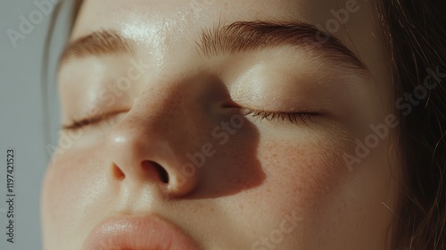 Minimalist beauty portrait of young woman with closed eyes showcasing radiant skin and soft natural lighting in a serene studio setting with neutral tones and empty copyspace for branding.