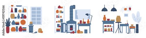 Vector set of illustrations with interior rooms with equipment for pottery workshop.
