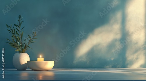 Tranquil spa ambiance featuring a glowing candle and serene greenery in a soft blue background, ideal for wellness and relaxation themes photo