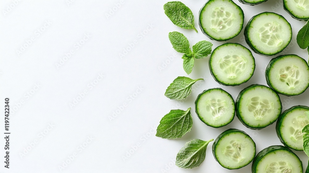 Isolated on white background a long cucumber cut into slices displayed in a linear arrangement Stock Photo with side copy space Isolated on white background a long cucumber cut into slices displayed in a linear arrangement Stock Photo with side copy space