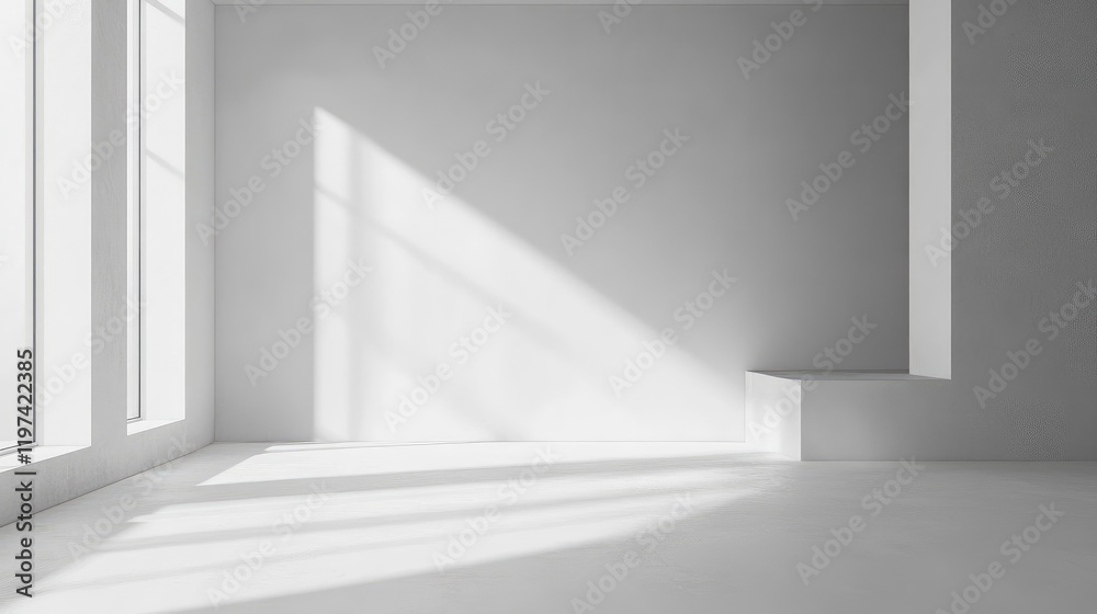 Obraz premium Minimalist White Bedroom Interior with Soft Shadows and Natural Light Falling on Smooth Walls, Ideal for Text Placement in Contemporary Design