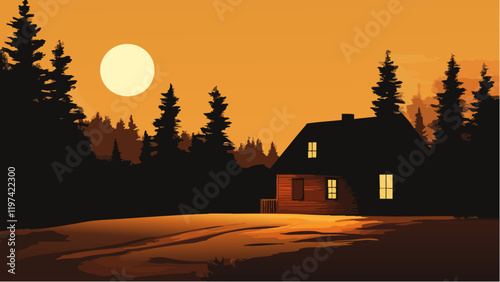 A Log Cabin at Sunset