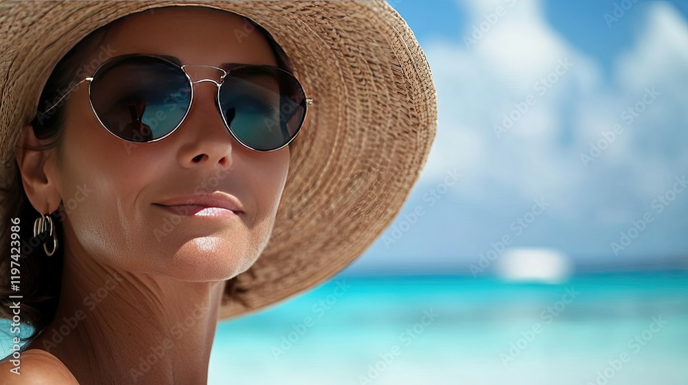 © Nuttaya Nampai - Classic seaside Woman in her s, wearing a straw hat and sunglasses, serene blue ocean view behind her, summer escape ambiance © Nuttaya Nampai - Classic seaside Woman in her s, wearing a straw hat and sunglasses, serene blue ocean view behind her, summer escape ambiance
