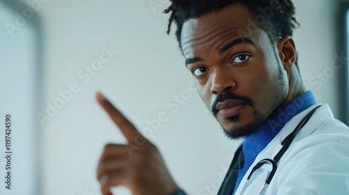 African American male doctor in white coat pointing with index finger in bright medical office with soft lighting and neutral background for bio signs and telehealth concept. photo