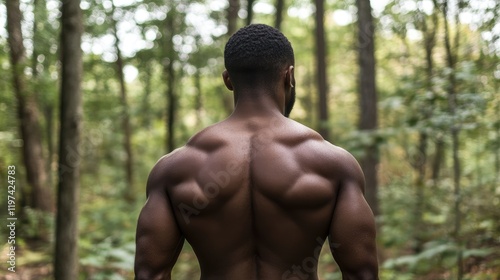 Muscular man viewed from behind in forest, natural scenery, ample space for text.