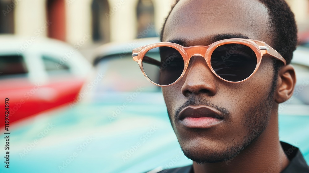 Man in retro sunglasses against a backdrop of vintage cars, focusing on facial features and sunglasses, with empty space for text.