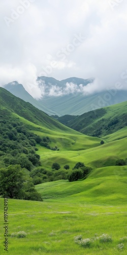 A lush green valley with a mountain range in the background. The sky is cloudy, giving the scene a peaceful and serene atmosphere