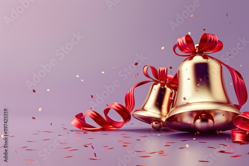 pair of Huge glossy shiny 3d golden Christian Christmas jingle bells with red ribbons patterns,Nutcracker-shaped Christmas jingle bellsred podium, pale violet background