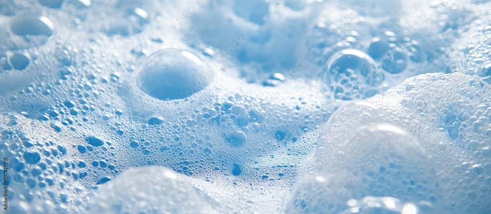 Blue soap bubbles with foam texture and water droplets on a light background Copy Space Blue soap bubbles with foam texture and water droplets on a light background Copy Space