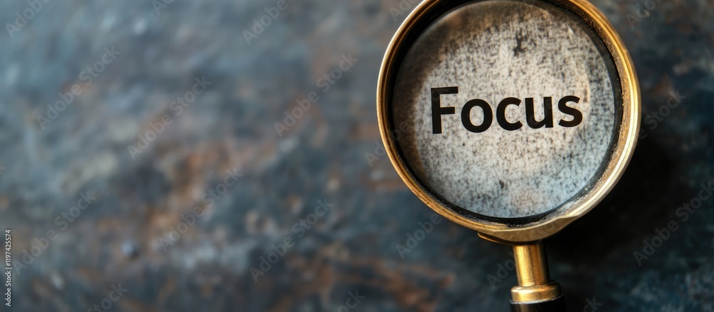 Fototapeta premium Magnifying glass focusing on the word Focus on a textured background with Copy Space for text insertion