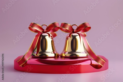 pair of Huge glossy shiny 3d golden Christian Christmas jingle bells with red ribbons patterns,Twig Christmas bell ornamentsred podium, pale violet background photo